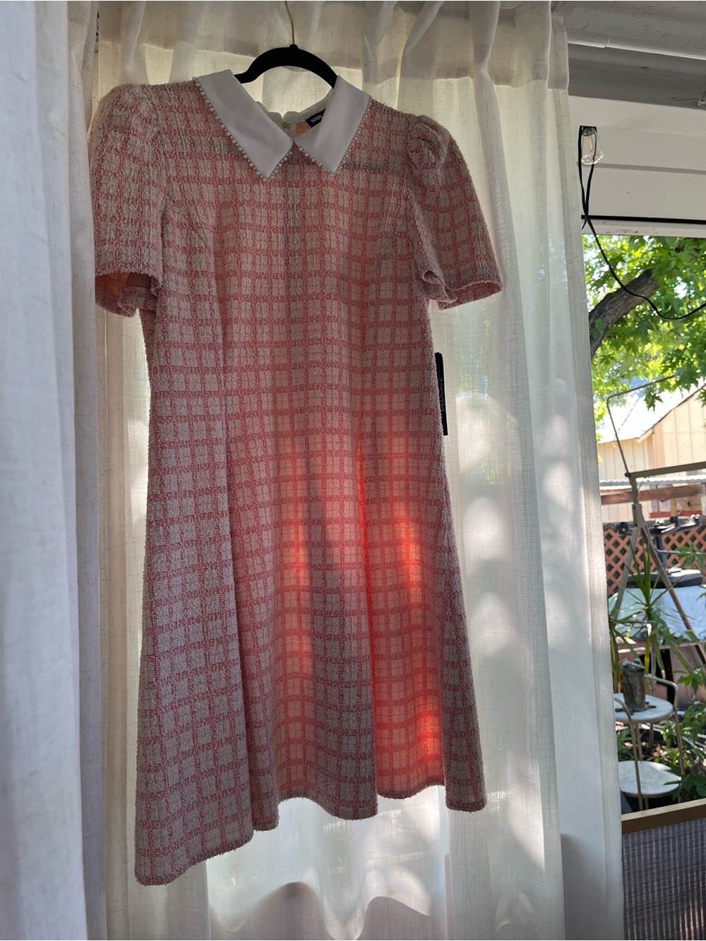 New Karl Lagerfeld Pink gold Tweed Mini Dress with White Collar 12
